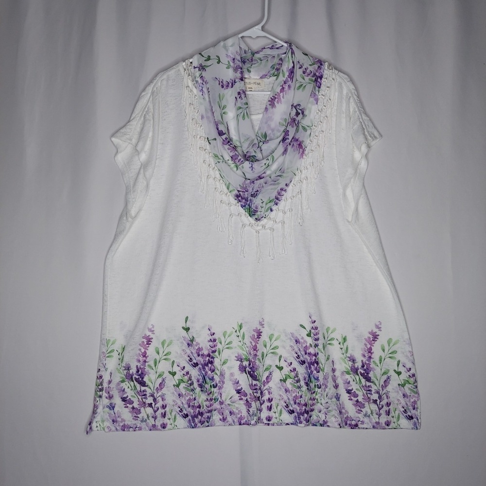 Cactus Pearl Top Womens XXXL White Purple Floral Knit Short Sleeve Tassel Scarf